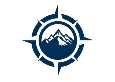 Illustration of an blue and white compass with mountains in the middle.